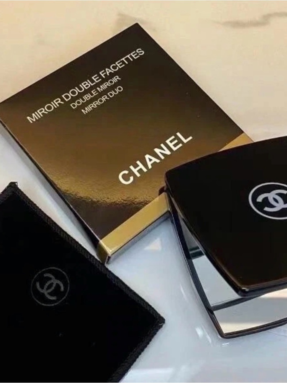 CHANEL Black and Gold Double-Sided Compact Mirror